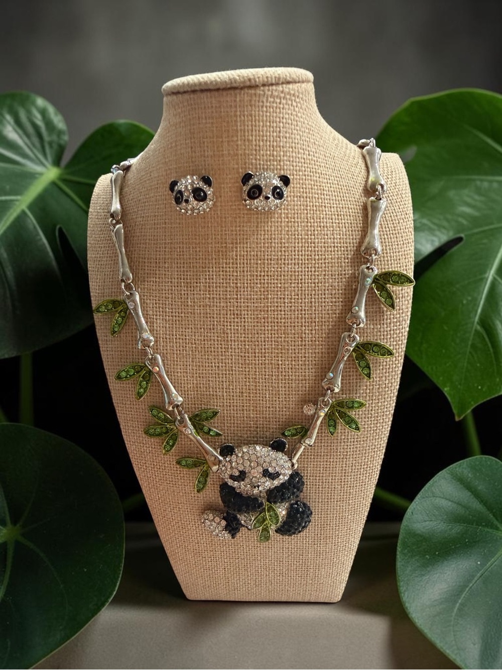 Cute Panda Crystal Necklace and Earring Set